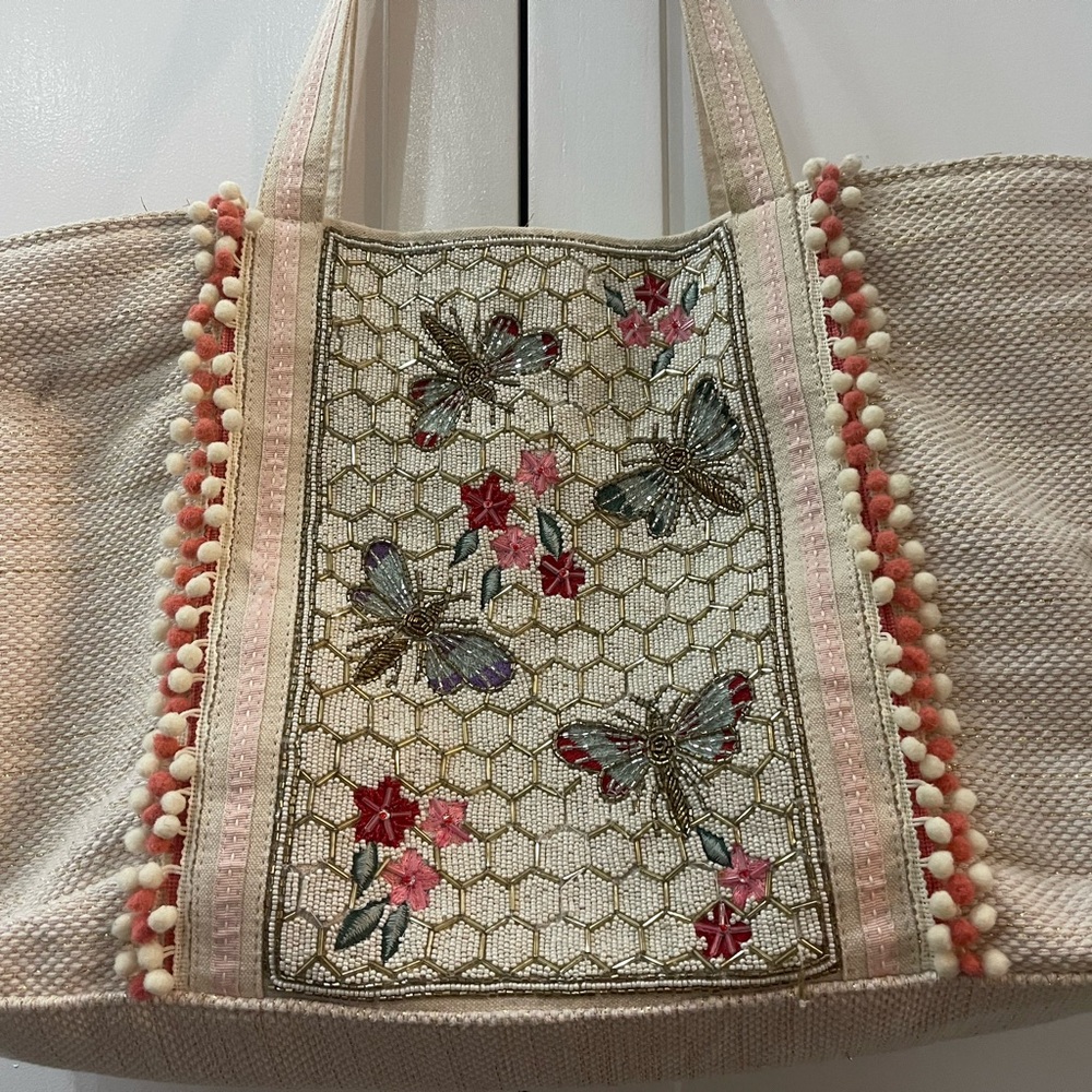Embroidered Dragonfly Tote Bag - Cream and Pink